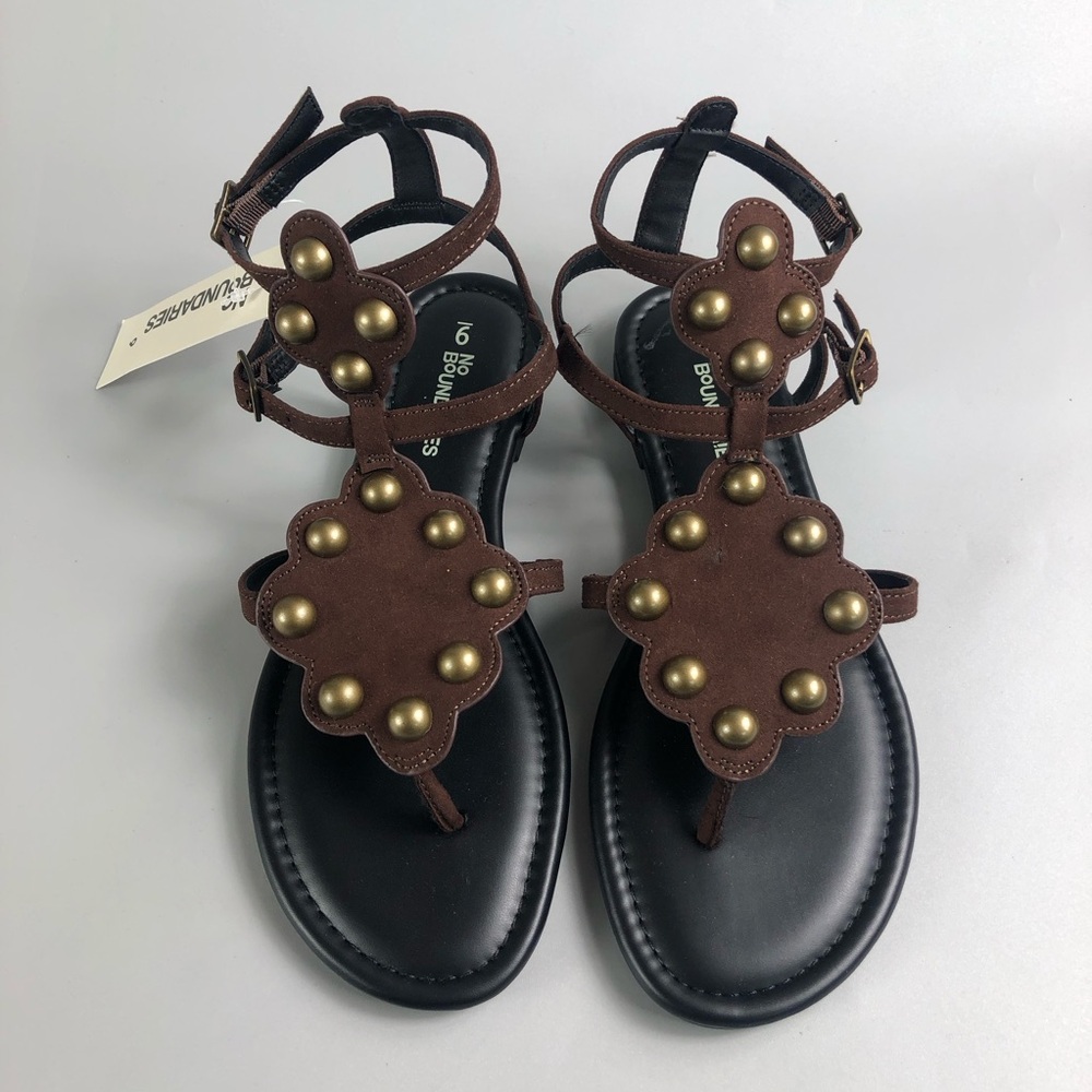 Brown Studded T-Strap Sandals